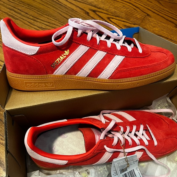 Shoes - Adidas Handball Spezial -red with pink stripes and laces. W 11.5 M 10.5